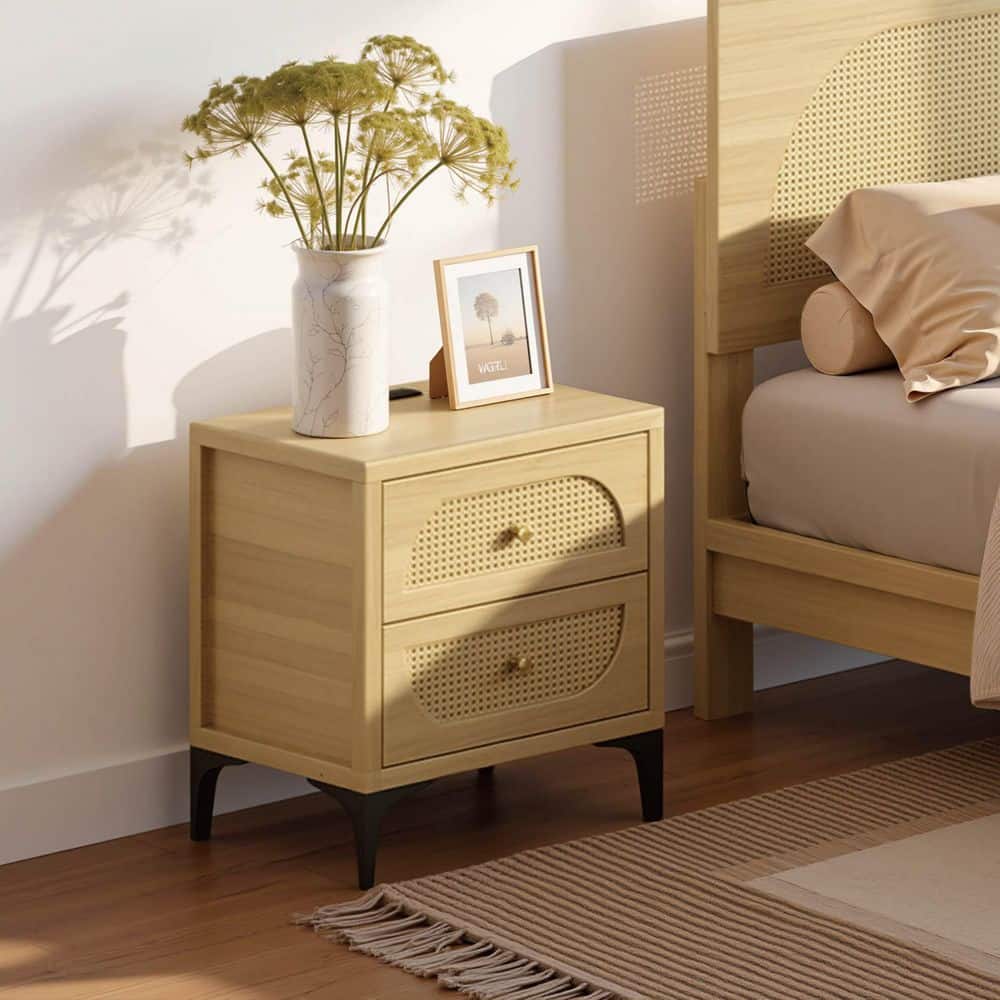 Ember Natural 23.5 in. Boho Nightstand with Charging Station, 2 Drawers, USB and Type-C