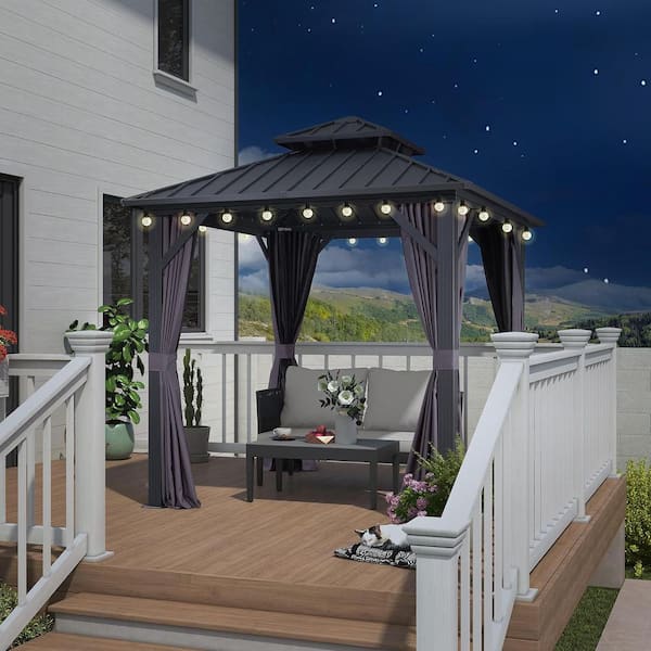 PURPLE LEAF 8 ft. x 8 ft. Gray Aluminum Hardtop Gazebo Canopy with Netting and Curtains