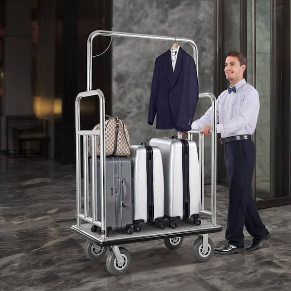 Hotel Luggage Cart,1200 lbs. Load Capacity, Brushed Stainless Steel Finish Bellman's Cart, Valet Cart with Rubber Wheels