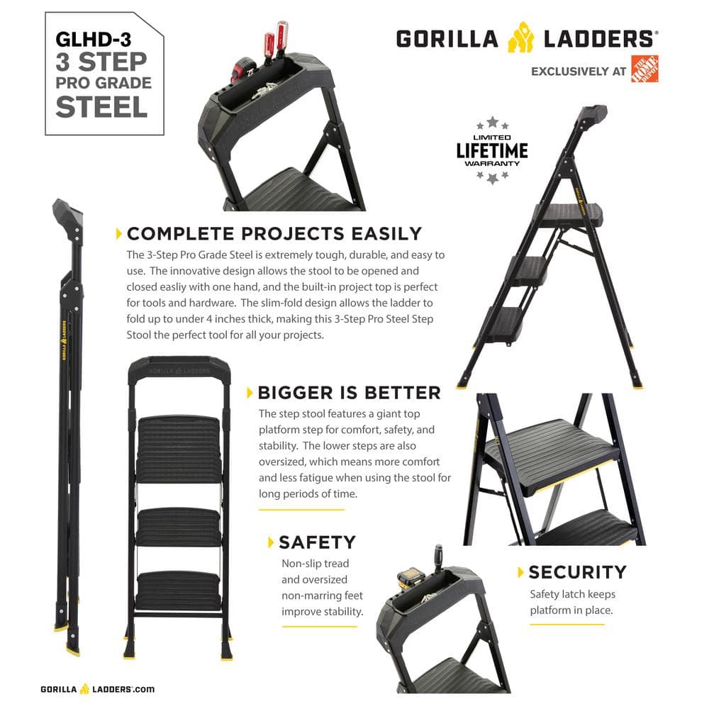 3-Step Black Steel Step Stool with Non-Slip Treads