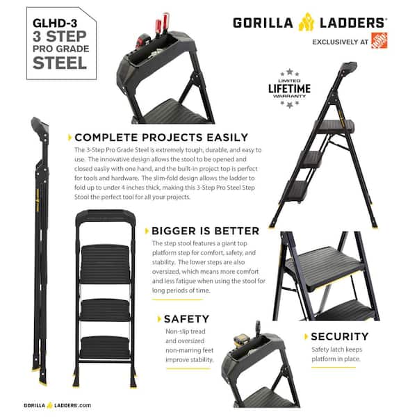 Gorilla Ladders 3 Step Pro Grade Steel Step Stool 300 lbs. Load Capacity Type IA Duty Rating 9ft. Reach Height GLHD 3 The Home Depot