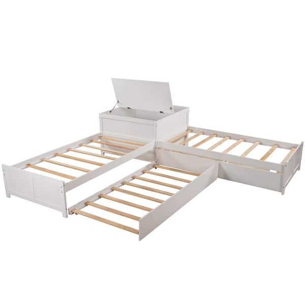 ANBAZAR White L-shaped Platform Bed with Trundle and 2 Drawers, Twin Size Wood Kids Bed Daybed Frame with Built-in Square Table