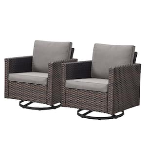 2-Piece Brown Wicker Patio Swivel Outdoor Rocking Chair Set with Gray Cushions
