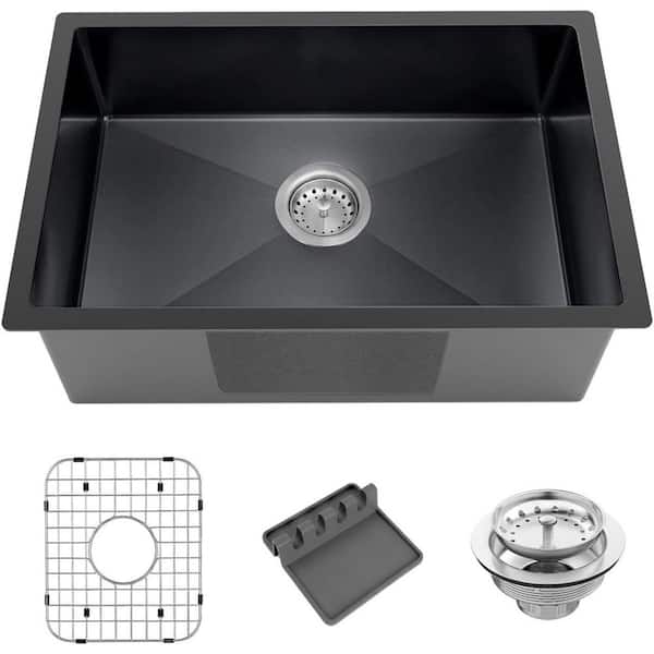 27 in. Drop-In Single Bowl 11 Gauge Black Stainless Steel Kitchen Sink with Grid