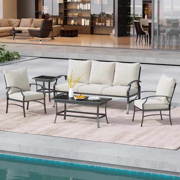 5-Piece Black Metal Frame Outdoor Patio Furniture Set with Armchairs, Beige Sofa and Coffee Tables