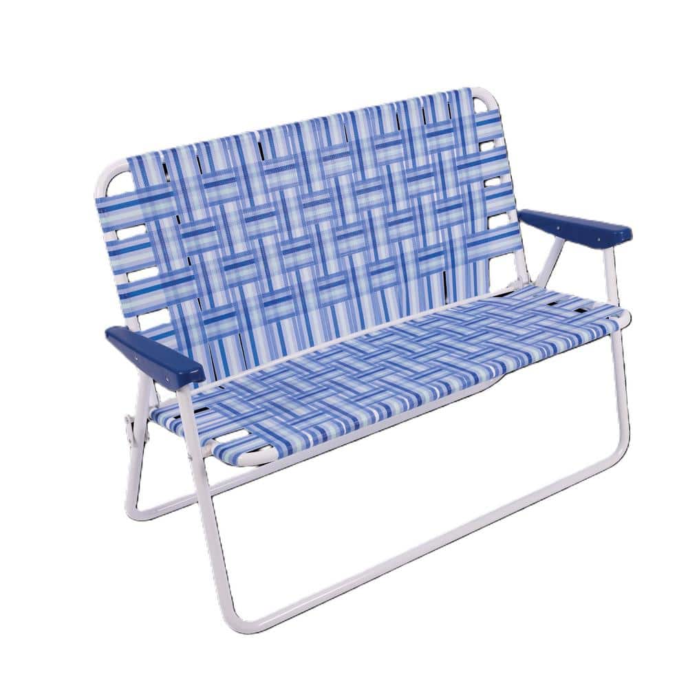 CAMP & GO Blue/White Outdoor Folding Loveseat  Strap Lawn Chair with