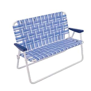 Blue/White Outdoor Folding Loveseat Web Strap Lawn Chair with High Seat Back and Rust-Resistant White Steel Frame