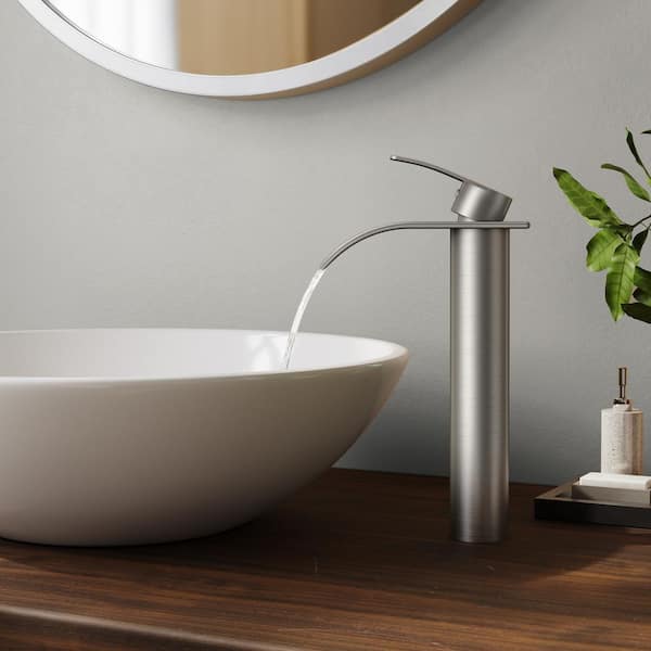 Single-Handle Single Hole Waterfall Bathroom Faucet with Pop-up Drain in Brushed Nickel
