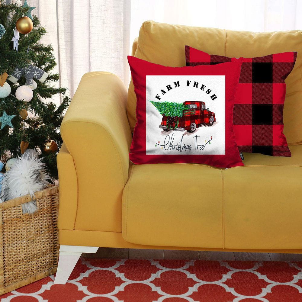 Red and Black Plaid Christmas Truck Polyester Euro Pillow Covers, 18" x 18", Set of 2