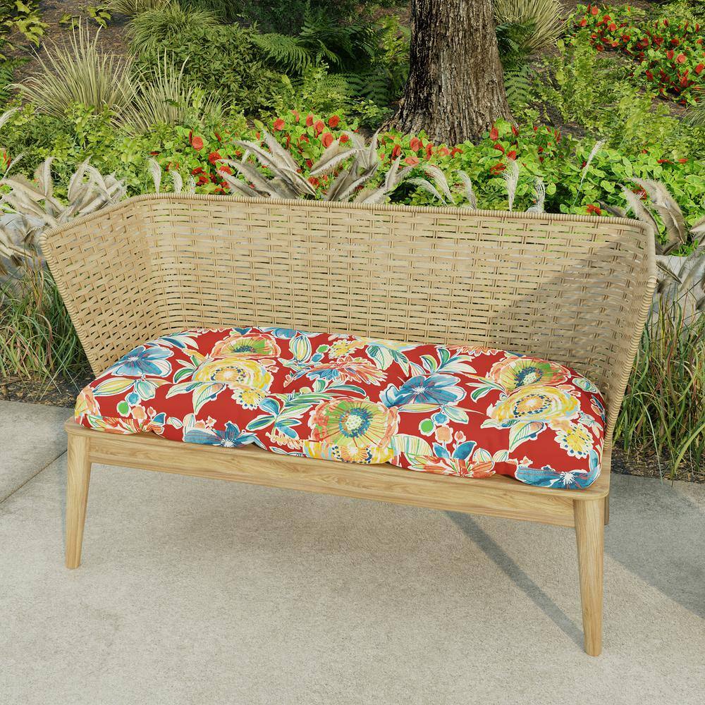 Colsen Berry Red Floral Tufted Outdoor Wicker Bench Cushion