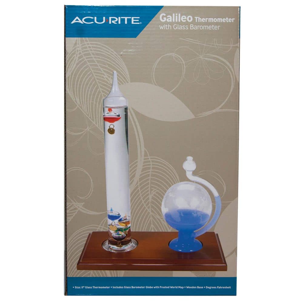 Galileo Glass Thermometer and Barometer with Wooden Base