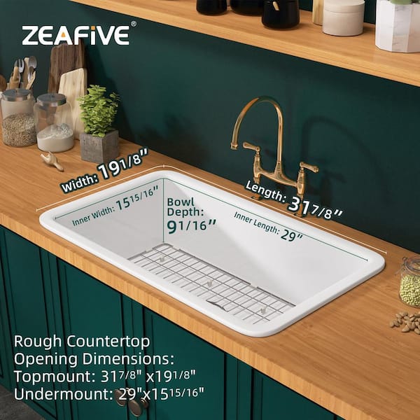 Zeafive 32 in. White Kitchen Sink Drop-In/Undermount Farmhouse