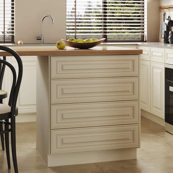 Hausvita 30 in. W x 24 in. D x 34.5 in. H in Cameo White Plywood Ready to Assemble Kitchen Base Cabinet with 4 Drawers