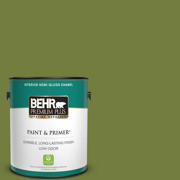 BEHR PREMIUM PLUS 1 gal. Home Decorators Collection #HDC-SM16-11 Hot Dog Relish Semi-Gloss Enamel Low Odor Interior Paint & Primer