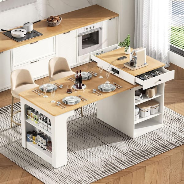 White Wood 59.50 in. Kitchen Island with Extendable Dining Table, Double-sided Storage, 2-Drawers, Power Outlet