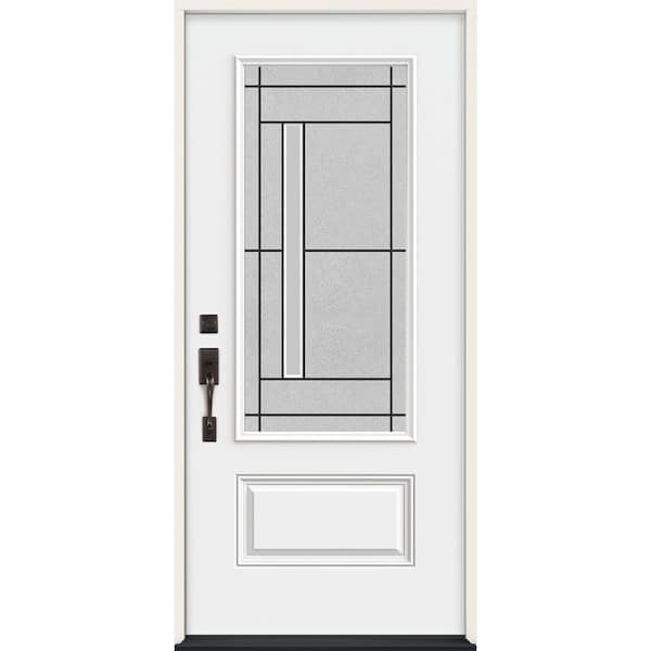 JELD-WEN 36 in. x 80 in. Right-Hand 3/4 Lite Decorative Glass Atherton Modern White Fiberglass Prehung Front Door