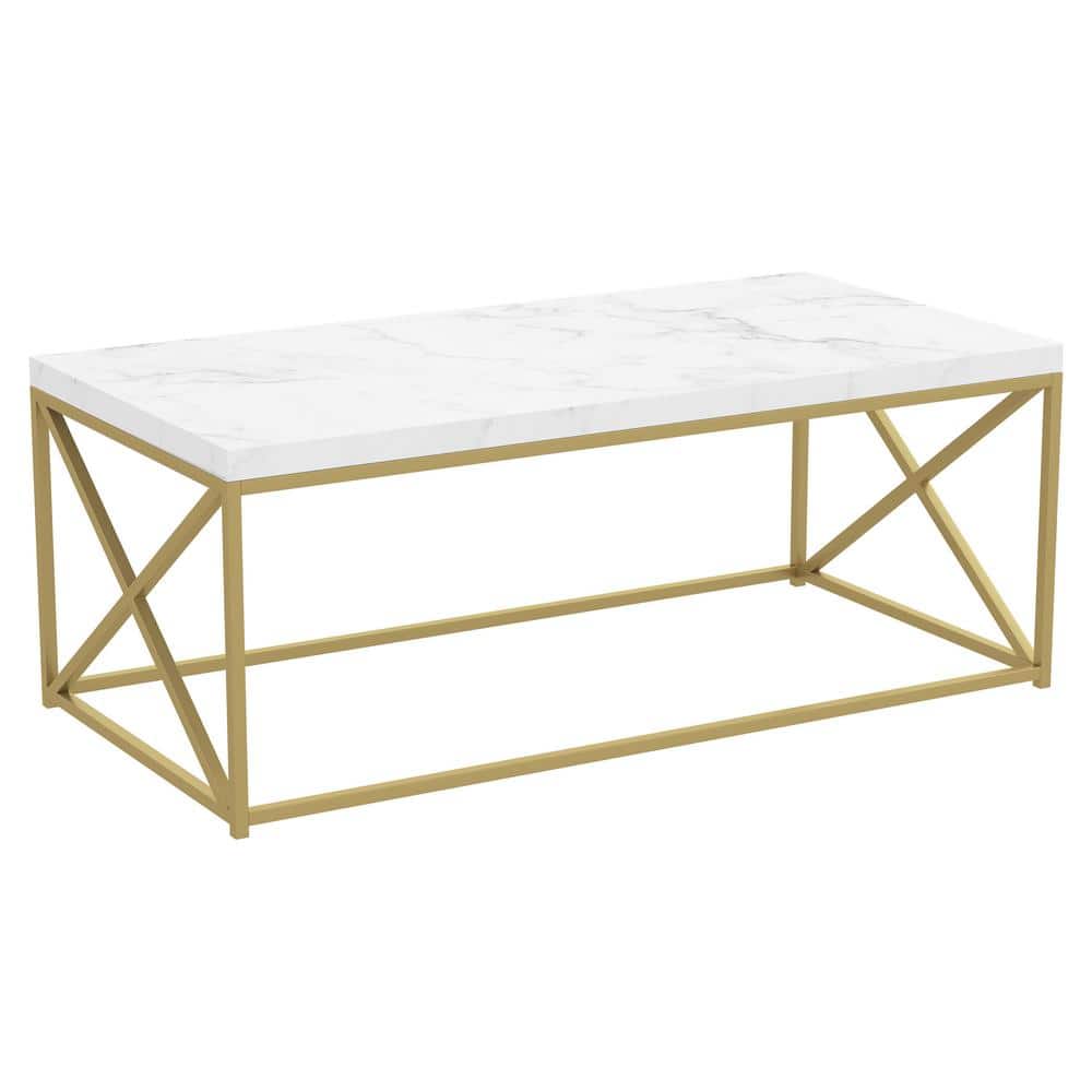 44 in. Gold Metal Rectangle Marble Top Coffee Table