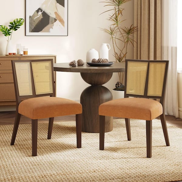 Sinclair Modern Upholstered Dining Chairs with Cane Webbing, Rubberwood, Walnut plus Caramel(Set of 2)