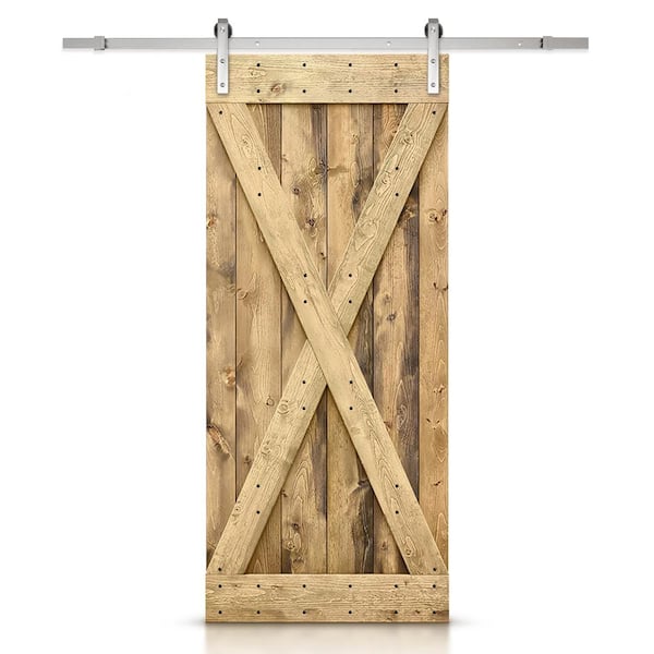 CALHOME X Series 36 in. x 84 in. Solid Weather Oak Stained DIY Knotty Pine Wood Interior Sliding Barn Door with Hardware Kit