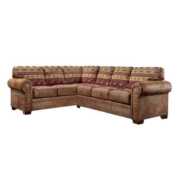 American Furniture Classics Sierra Lodge 115 in. W Rolled Arm 2-piece Microfiber L-Shaped Sectional Sofa in Brown Pinto with Sierra Lodge Tapestry
