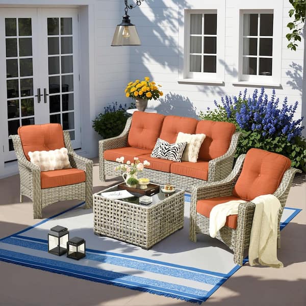 Harpera 4-Piece Wicker Outdoor Patio Conversation Sofa Seating Set with Coffee Table and Orange Red Cushions