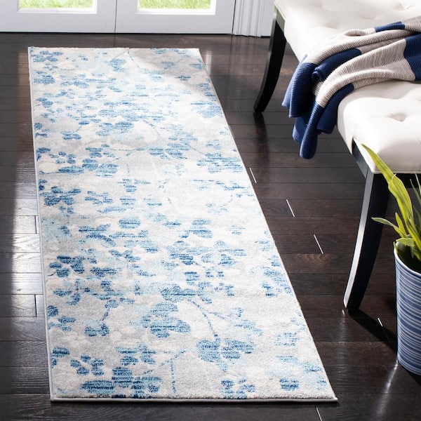 Evoke Gray/Light Blue 2 ft. x 11 ft. Floral Runner Rug