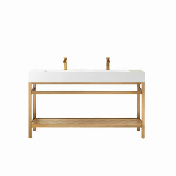 ROSWELL Soria 60 in. W x 20 in. D x 35 in. H Bath Vanity in Brushed Gold with White Composite Stone Top