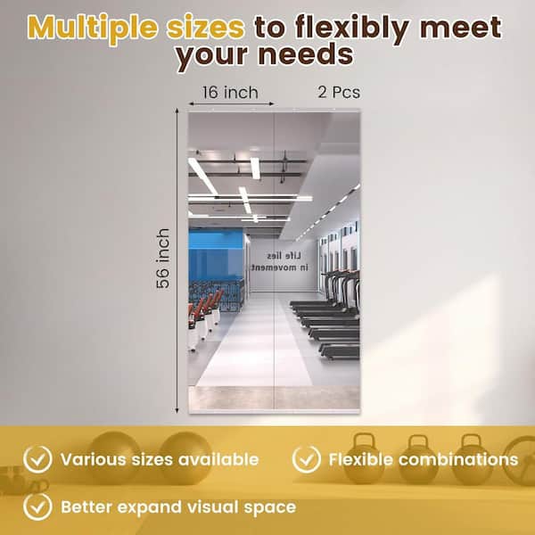 Modern 16 in. W x 56 in. H Frameless Wall Mirror HD Tempered Glass Gym Mirror/Yoga Mirror, Easy Wall Mount (2-Pack)