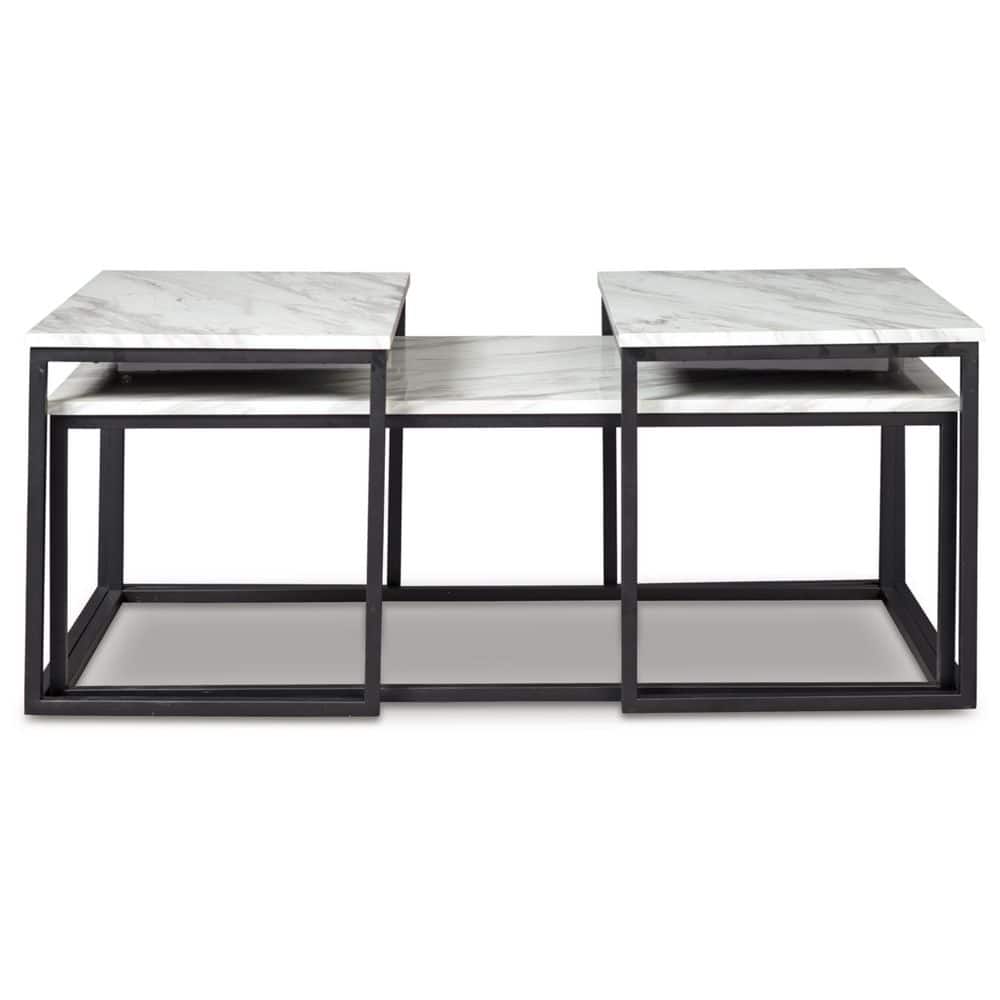 Contemporary Black Metal Frame Rectangular Marble Top 3-Piece Table Set