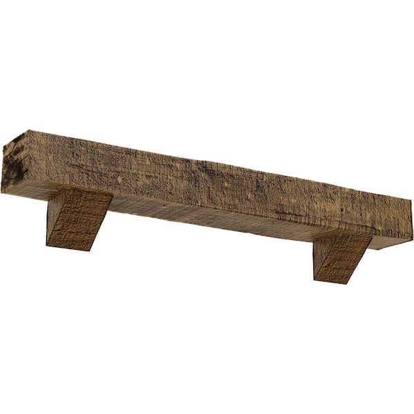 Ekena Millwork 6 in. x 8 in. x 3 ft. Rough Cedar Faux Wood Fireplace Mantel Kit with Breckinridge Corbels, Natural Golden Oak