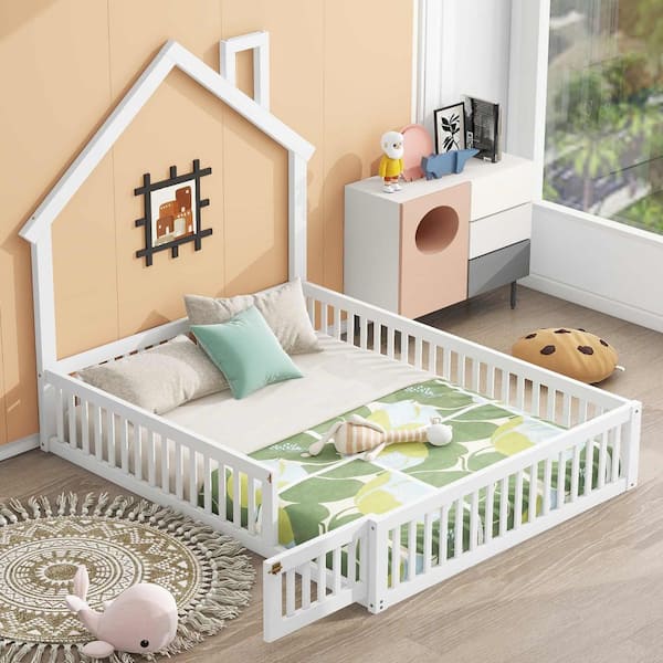 White Wood Frame Full Size Platform Bed with Guardrail