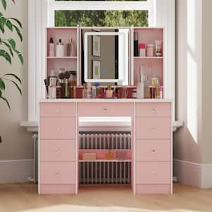 Pink Modern Makeup Vanity Desk 9-Drawers Wood Dressing Table with 3 Mirrors, Hidden Storage Shelves, LED Lighted Lights