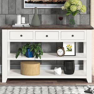 48 in. Solid Pine Wood Long Console Table, Entryway Sofa Table with 3-Drawers, 2 Open Shelves (Antique White Brown Top)