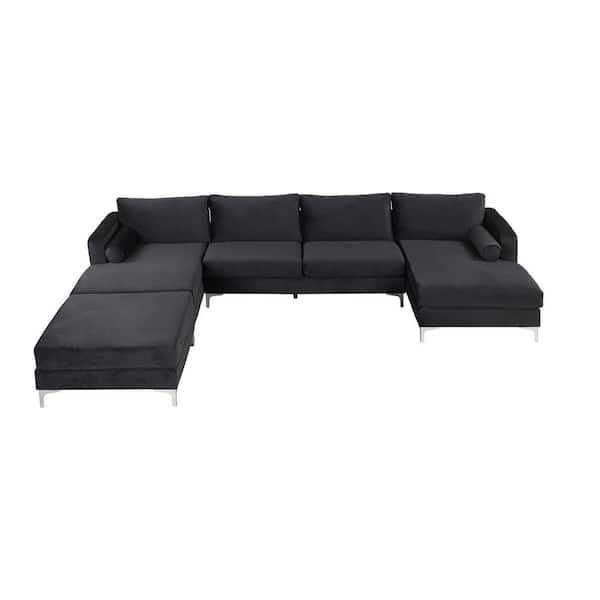 wetiny 123.6in.W Square arm 2-piece Velvet U shape Sectional Sofa in Black