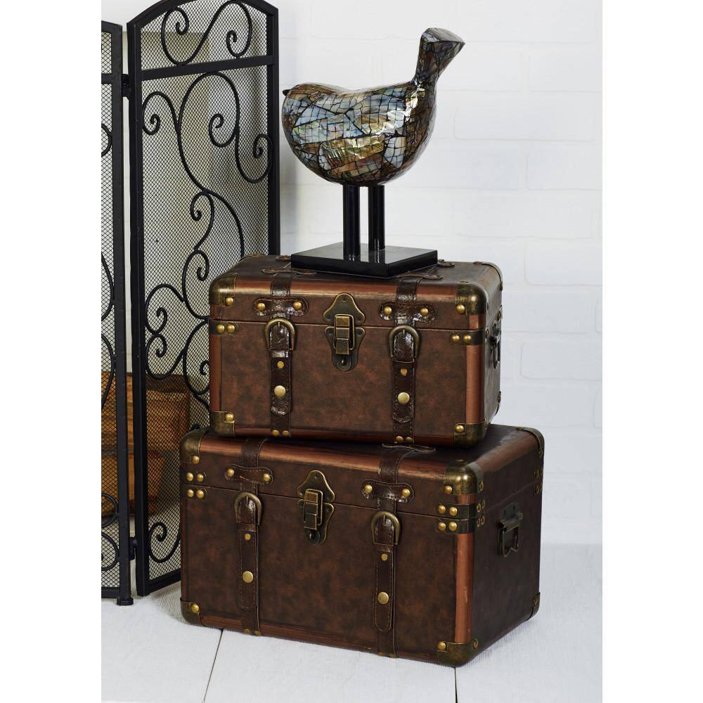 Brown Leather Rectangular Storage Trunk Set with Vintage Accents, 3-Pieces