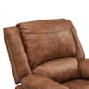 Close-up of the back and arm of a brown leather recliner chair.