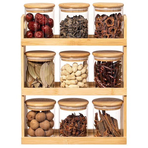 Versatile 3-Tier Bamboo Spice Rack and Pantry Organizer with 9 Glass Jars - Perfect for Countertop Storage in Kitchens.