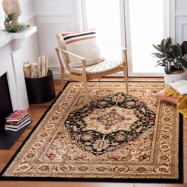 Lyndhurst 8 ft. x 10 ft. Black/Beige Floral Border Medallion Area Rug
