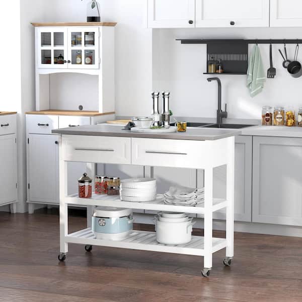 White Stainless Steel 47.25 in. Kitchen Island with Open Shelves and Drawers