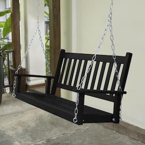 Outdoor Porch Swing for 2-Person with Chains and Curved Wood Bench Black