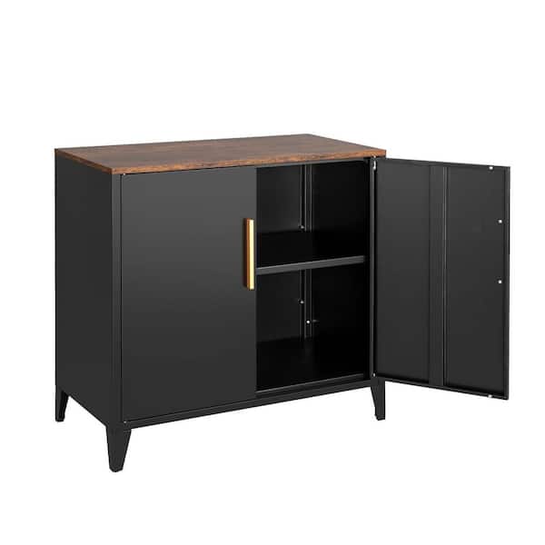 Outdoor Metal Wood 32x16x30 Inch Adjustable Shelf Sideboard Cabinet for Kitchen Coffee Bar Entryway Garden Black