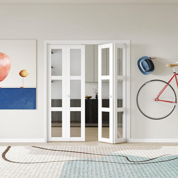 64 in x 80 in 3 Lite, Clear Glass, Solid Core, White, MDF, Water-Proof PVC Covering Bi-fold Door with All Hardware