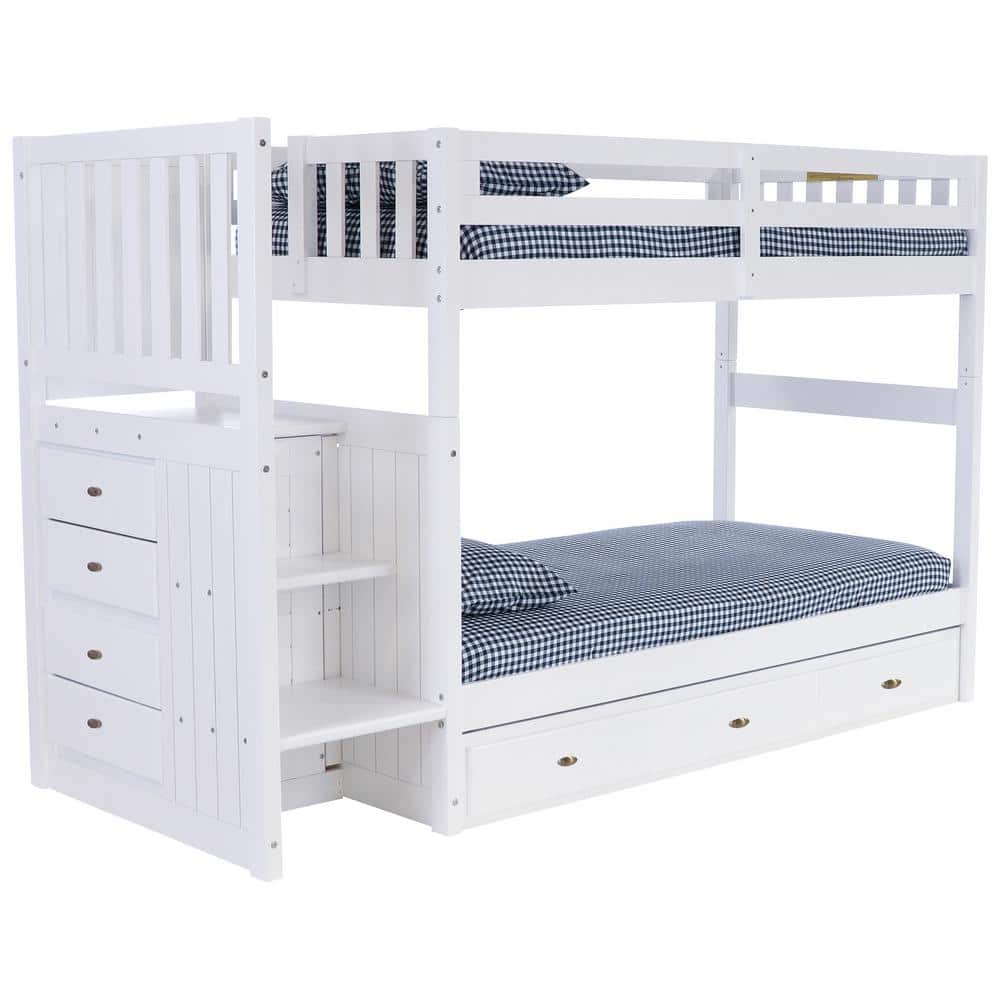 OS Home and Office Furniture Casual Mission White Painted Twin Staircase Bunkbed with 3-Drawers, Casual White -  0217TTK3-22