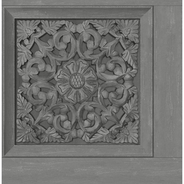 InHome Carved Floral Grey Wood Peel and Stick Sample, 8 in. x 10 in. Wallpaper Sample