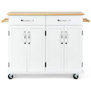 White 4-Door Rolling Kitchen Island Cart Buffet Cabinet with Towel Racks