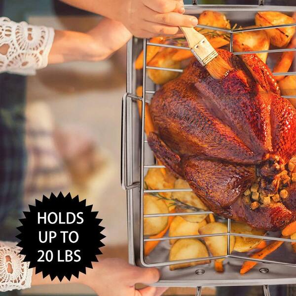 JFVKAF 16 qt. Silver Stainless Steel Roasting Pan with Rack