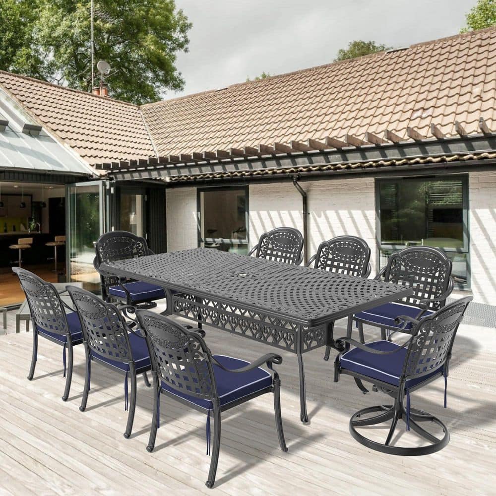Black 9-Piece Cast Aluminum Rectangular Outdoor Dining Set with Swivel Chairs and All-Weather Cushions price history on PriceWatchPro