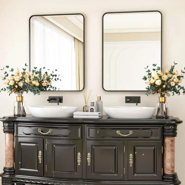 24 in. x 36 in. Rounded Rectangle Wall Mirror Bathroom Vanity Mirror with Black Aluminum Alloy Frame