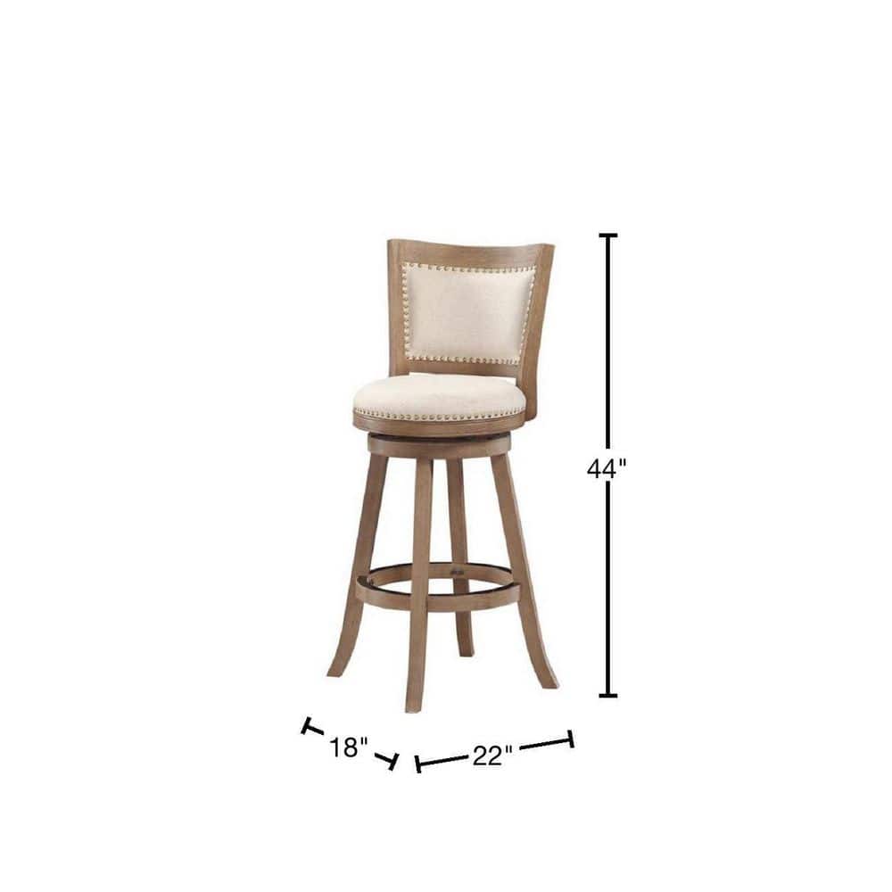 Driftwood Wire-Brush Swivel Barstool with Linen Upholstery and Brass Nailheads
