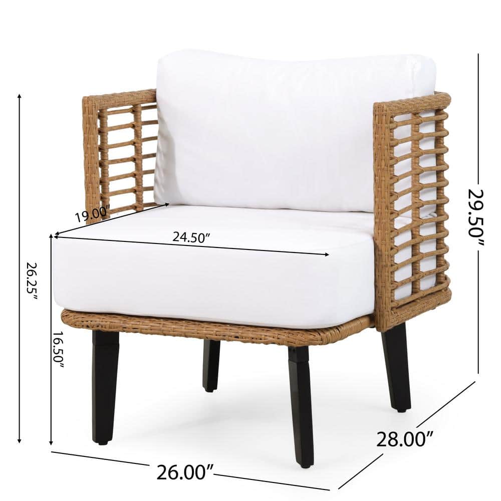Light Brown Wicker Outdoor Club Chair with White Cushions, Set of 2